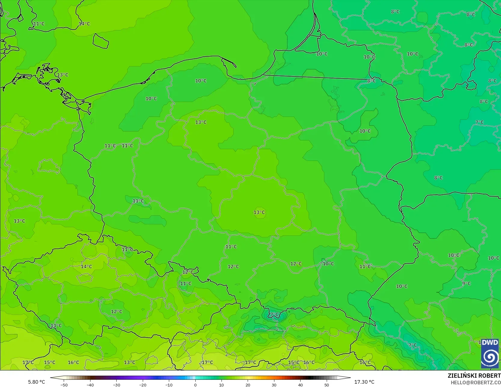 ICON modelo - Polonia, Temperatura a 850 hPa