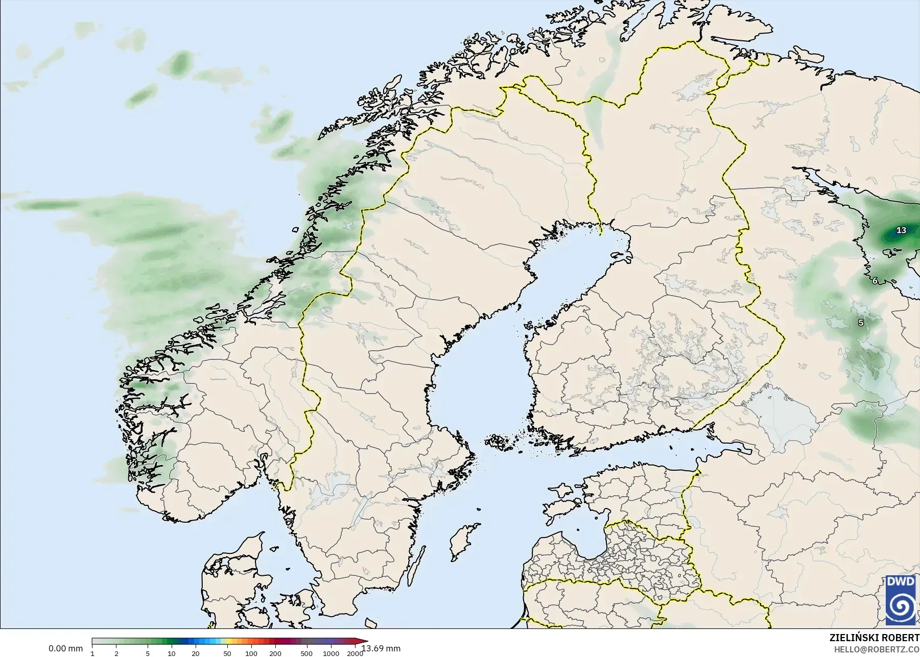 ICON modelo - Escandinavia, Acumulación de precipitación