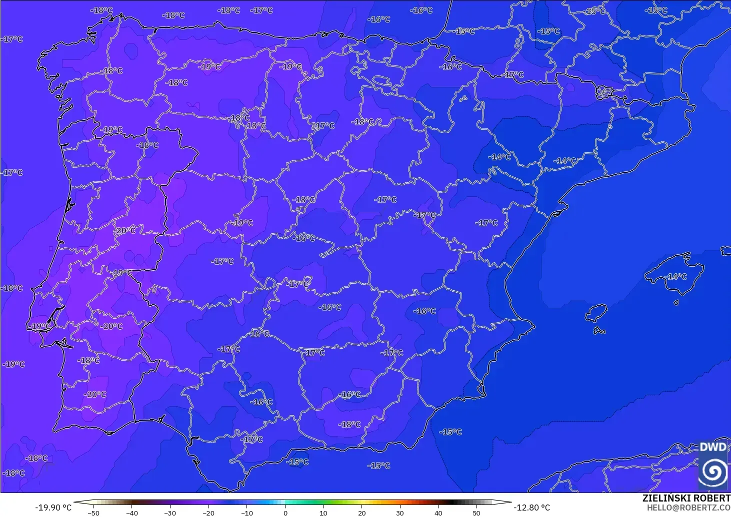 ICON modelo - España, Temperatura a 500 hPa