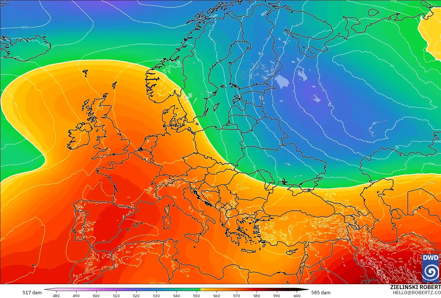 ICON modelo - Europa, Altura geopotencial a 500 hPa