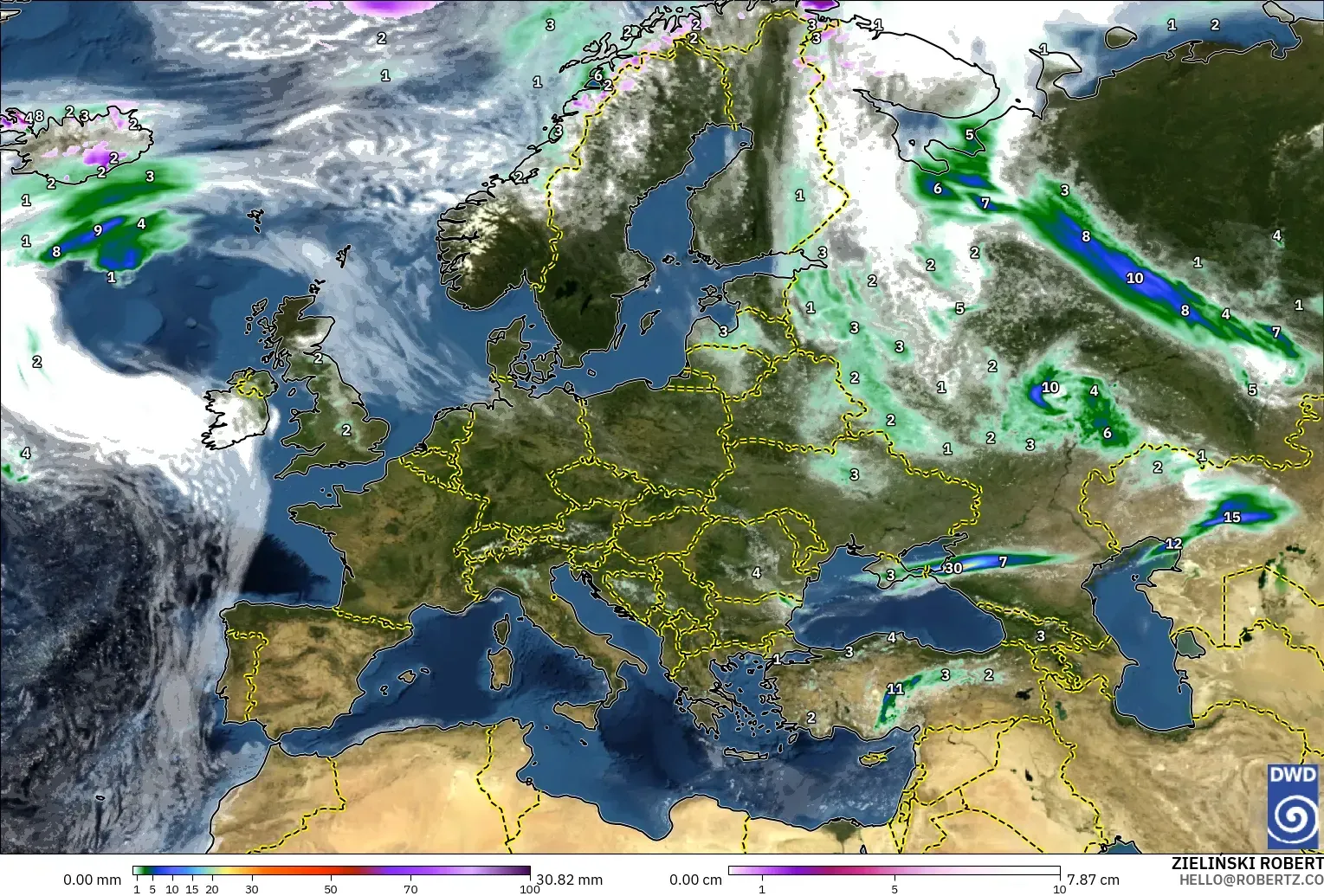 ICON modelo - Europa, Precipitación, nubes y presión