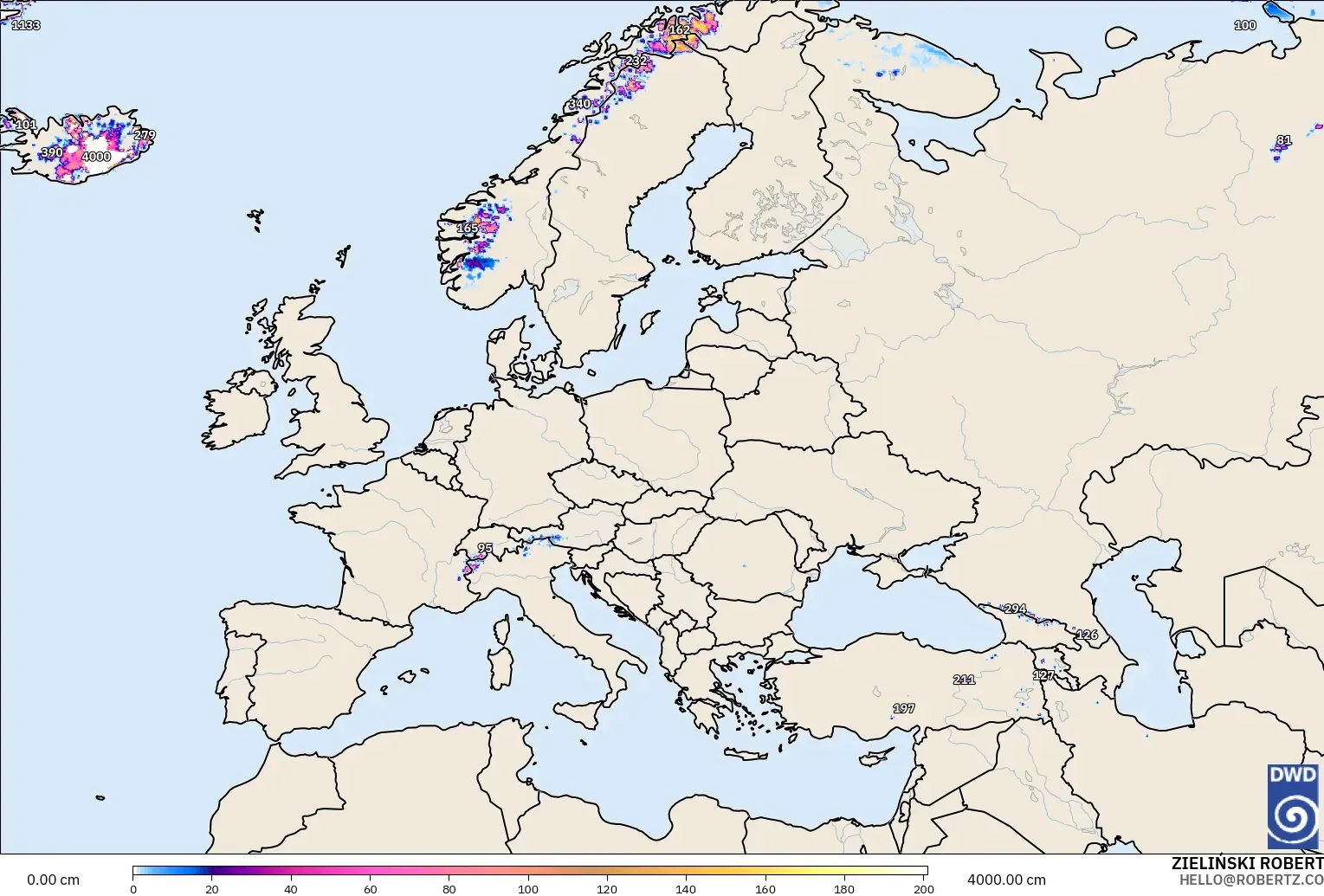ICON modelo - Europa, Profundidad de nieve