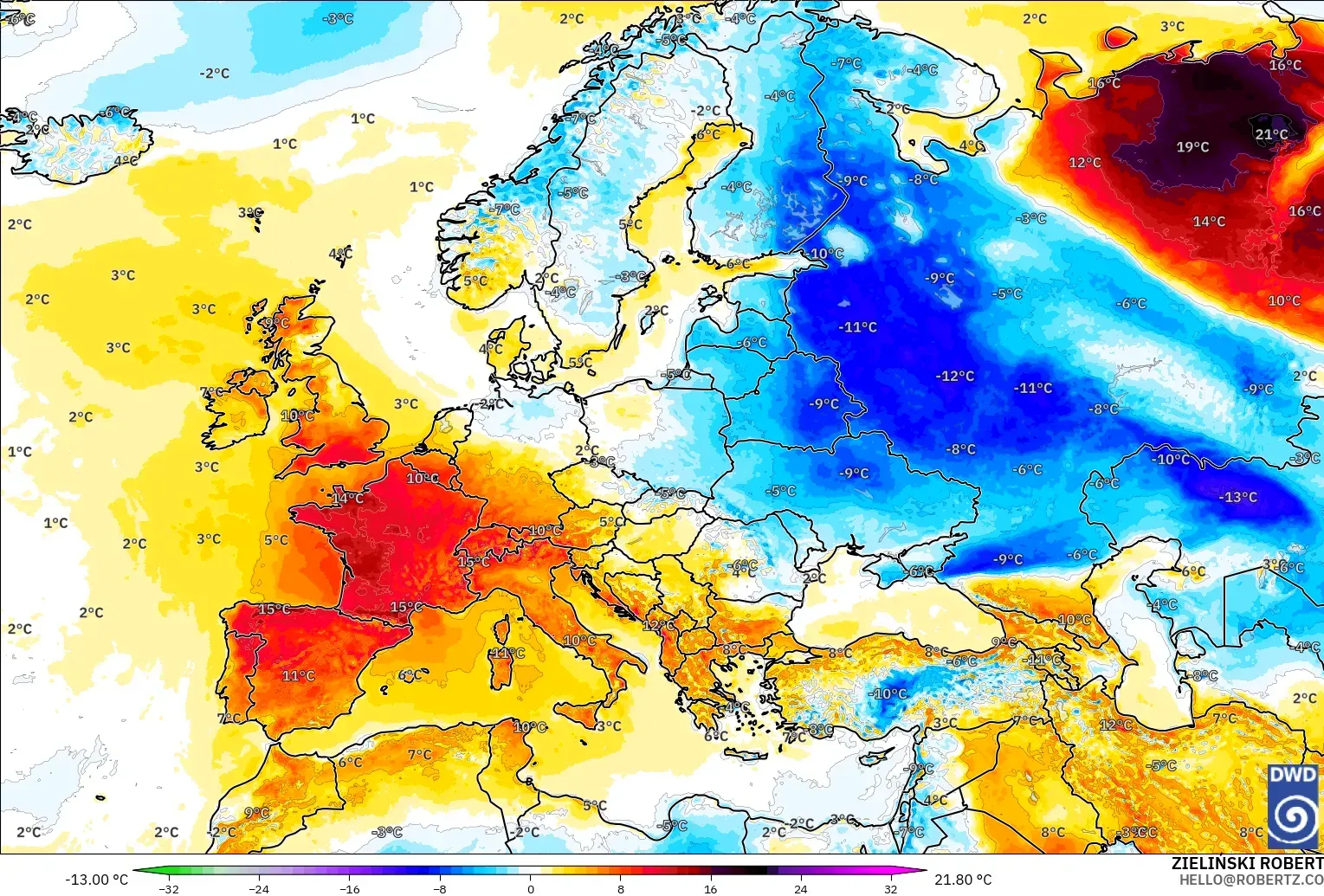 ICON modelo - Europa, Anomalía de temperatura a 2 m