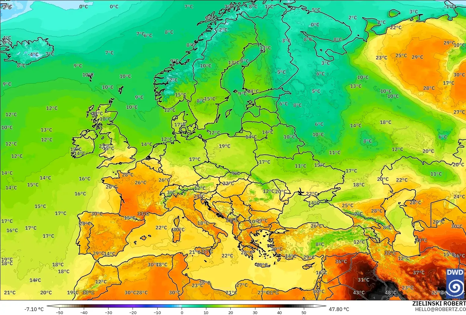 ICON modelo - Europa, Temperatura a 2 m