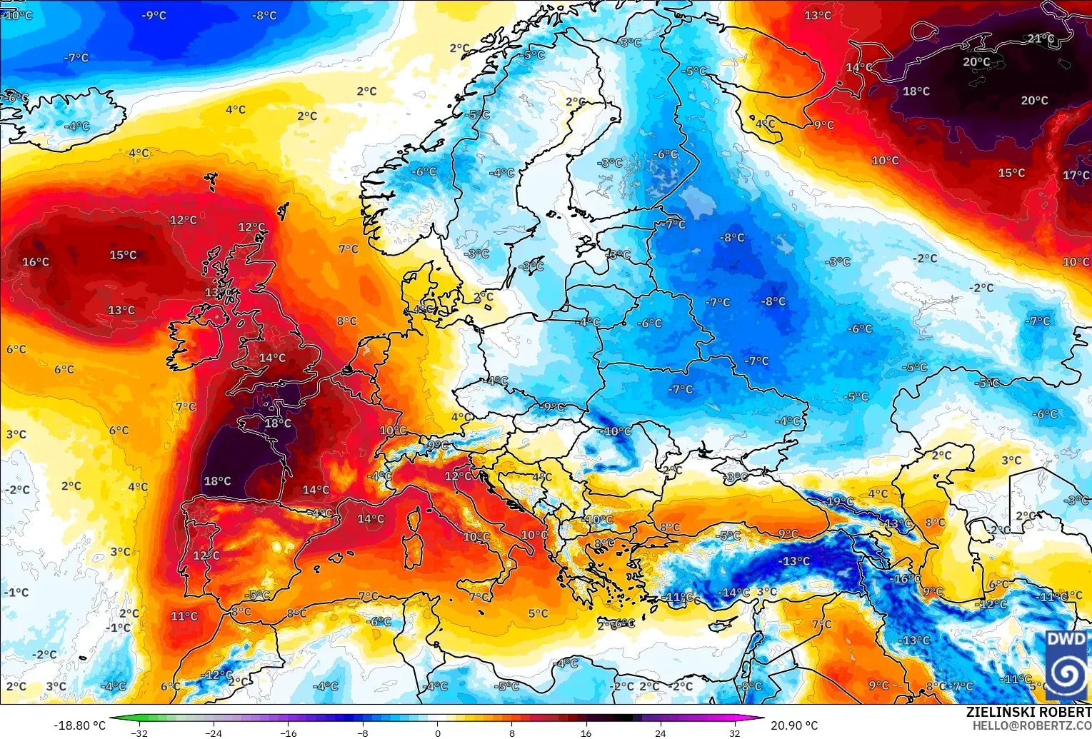 ICON modelo - Europa, Anomalía de temperatura a 850 hPa