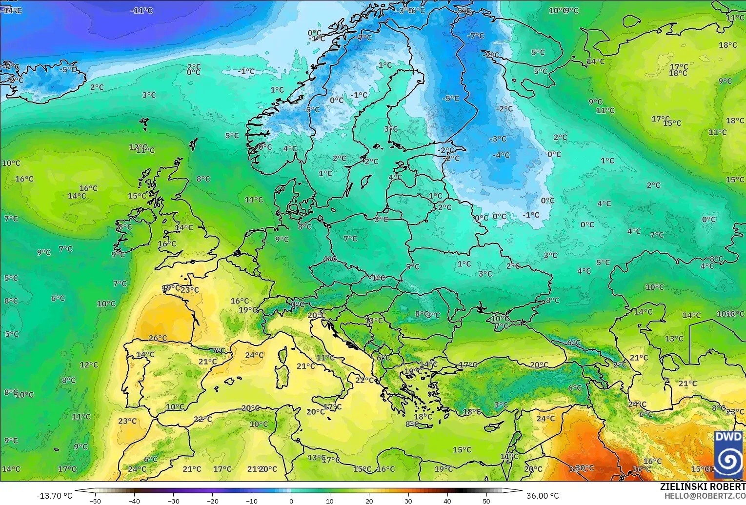 ICON modelo - Europa, Temperatura a 850 hPa