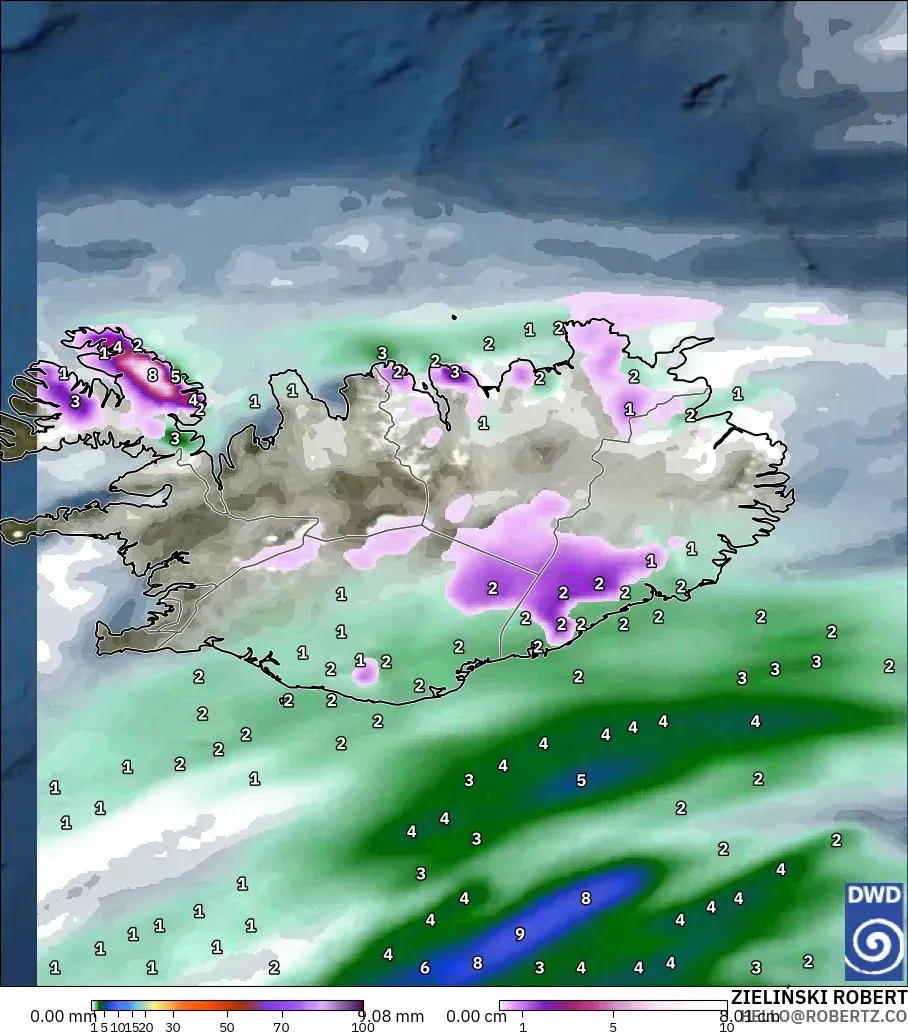 ICON modelo - Islandia, Precipitación, nubes y presión