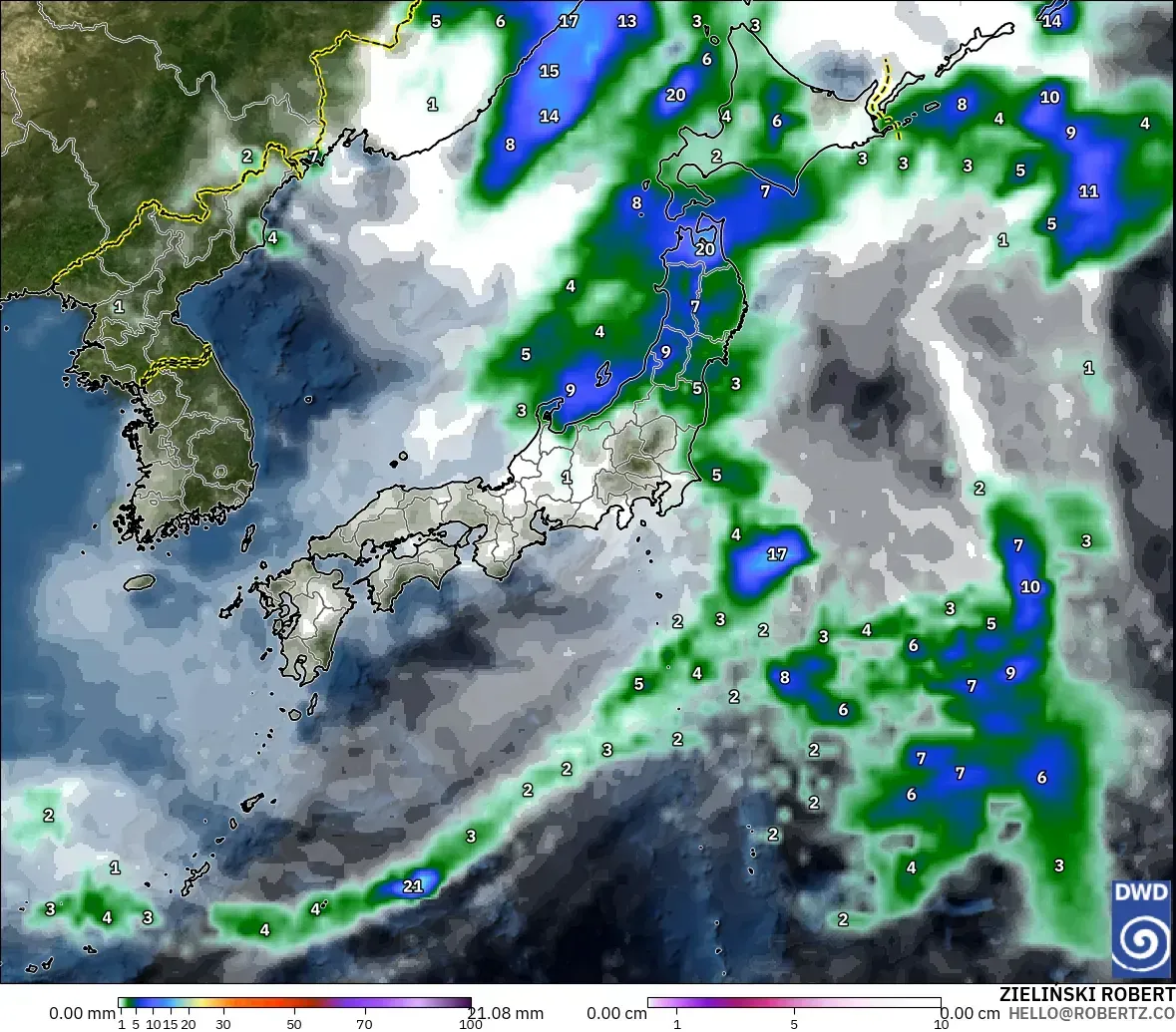 ICON modelo - Japón, Precipitación, nubes y presión
