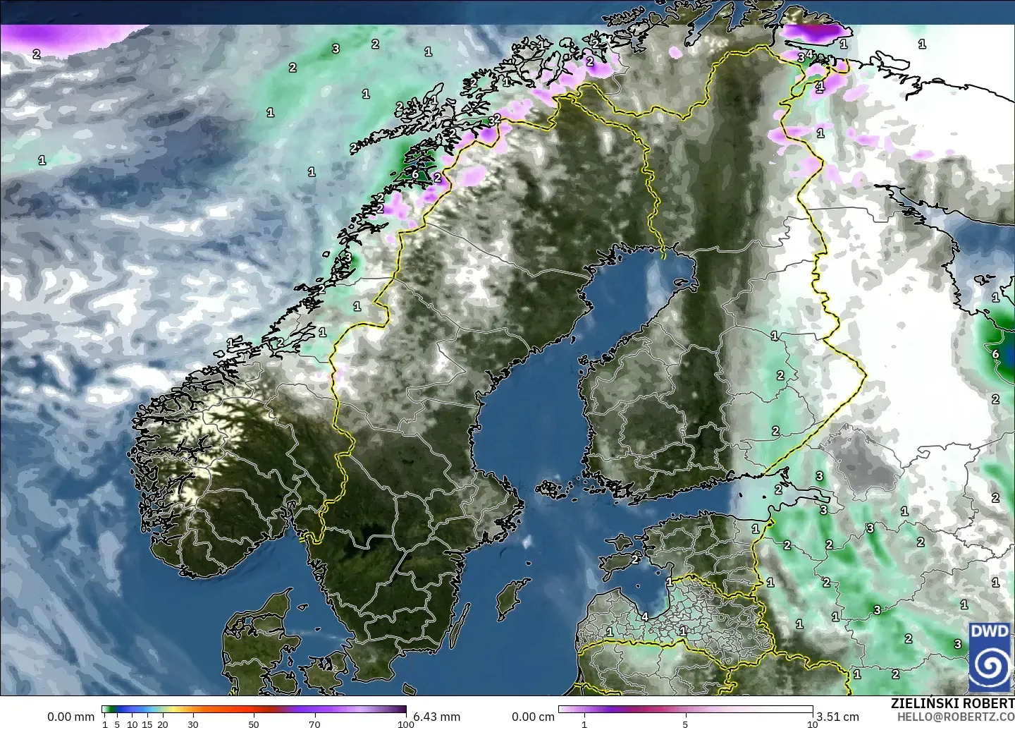 ICON modelo - Escandinavia, Precipitación, nubes y presión