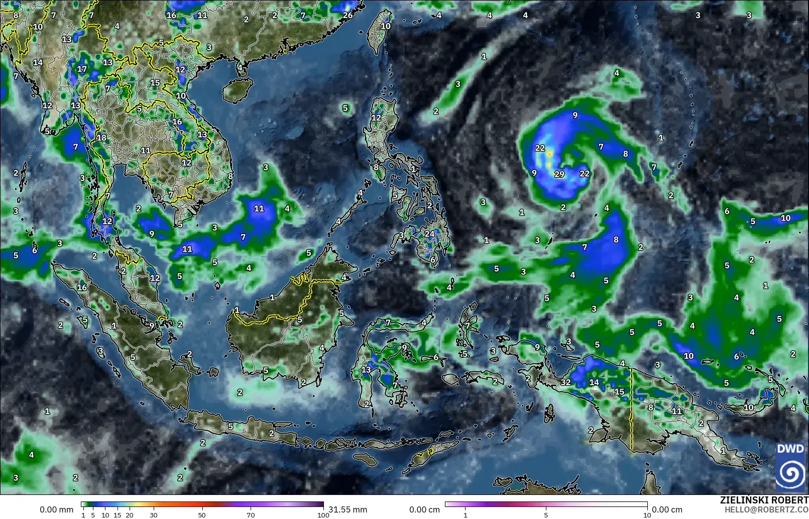 ICON modelo - Sudeste Asiático, Precipitación, nubes y presión