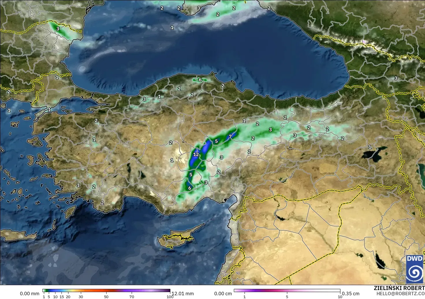 ICON modelo - Turquía, Precipitación, nubes y presión