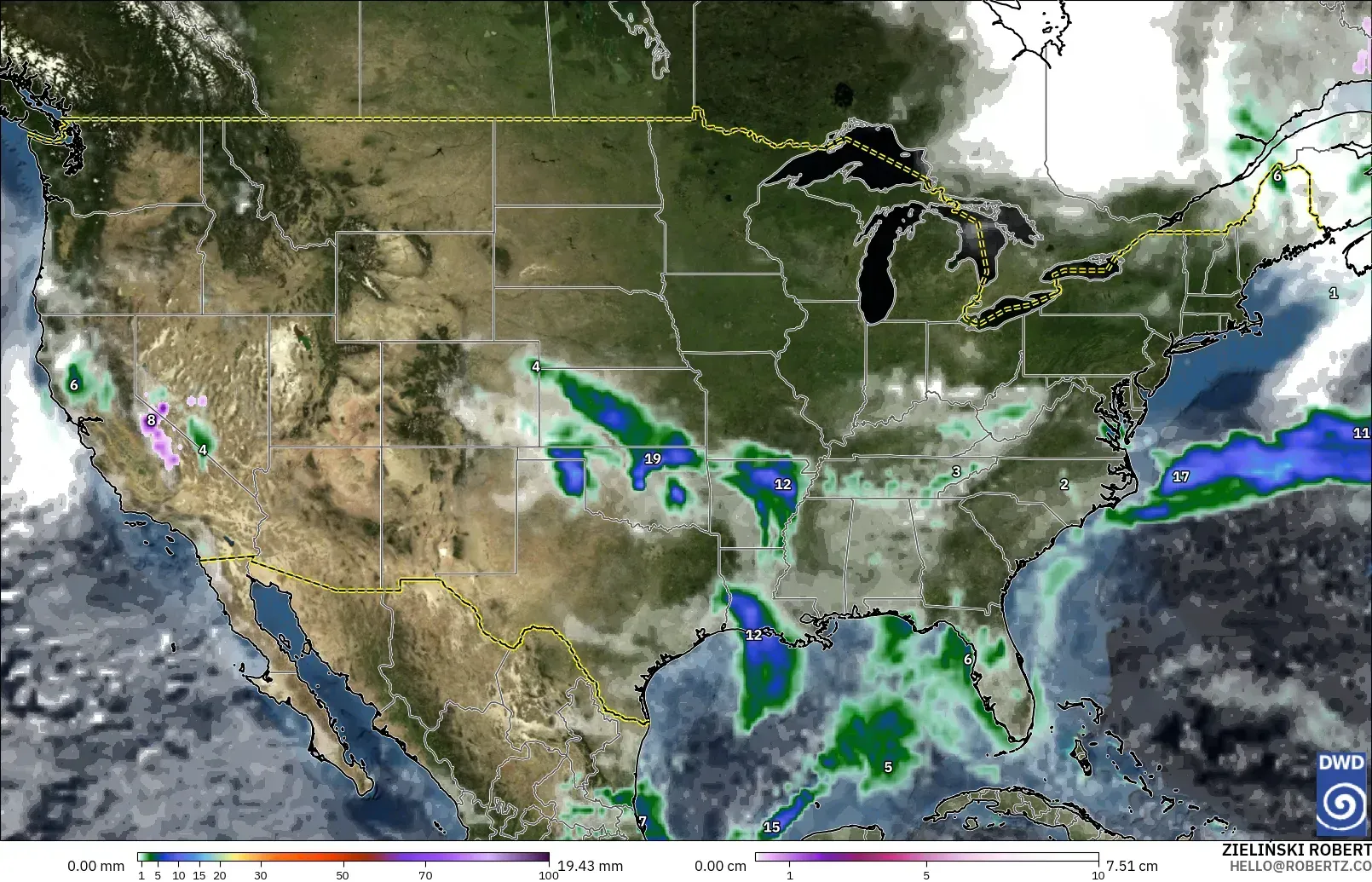 ICON modelo - Estados Unidos, Precipitación, nubes y presión