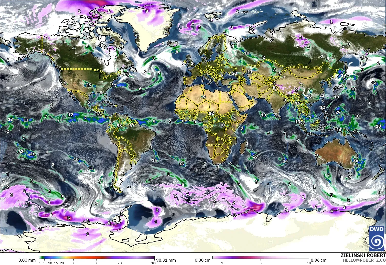 ICON modelo - Mundo, Precipitación, nubes y presión