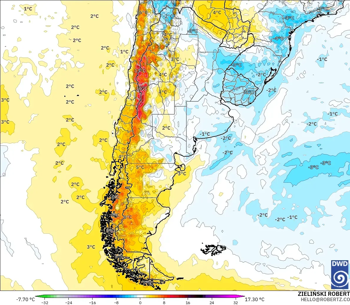 ICON modelo - Argentina, Anomalía de temperatura a 2 m