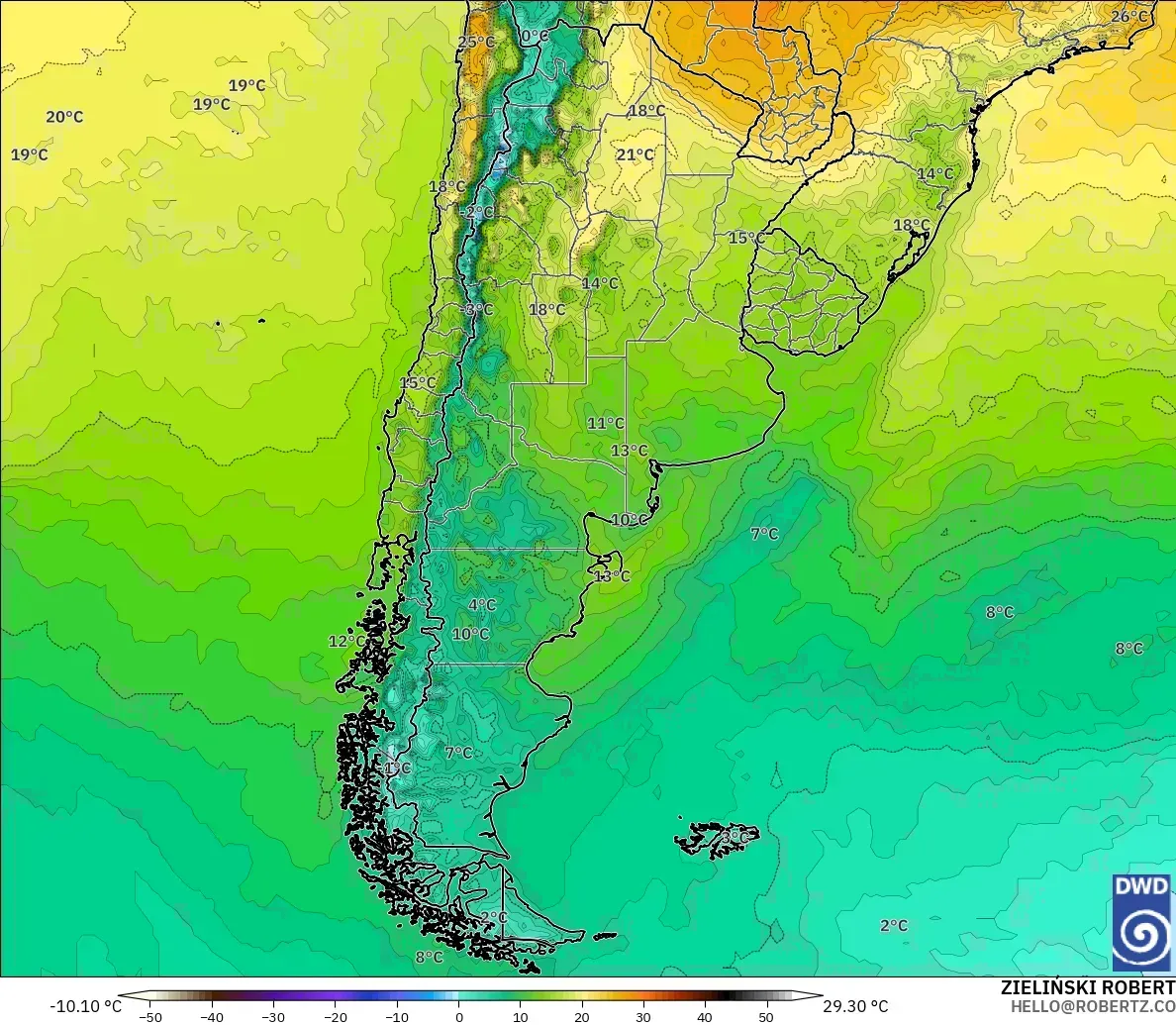 ICON modelo - Argentina, Temperatura a 2 m