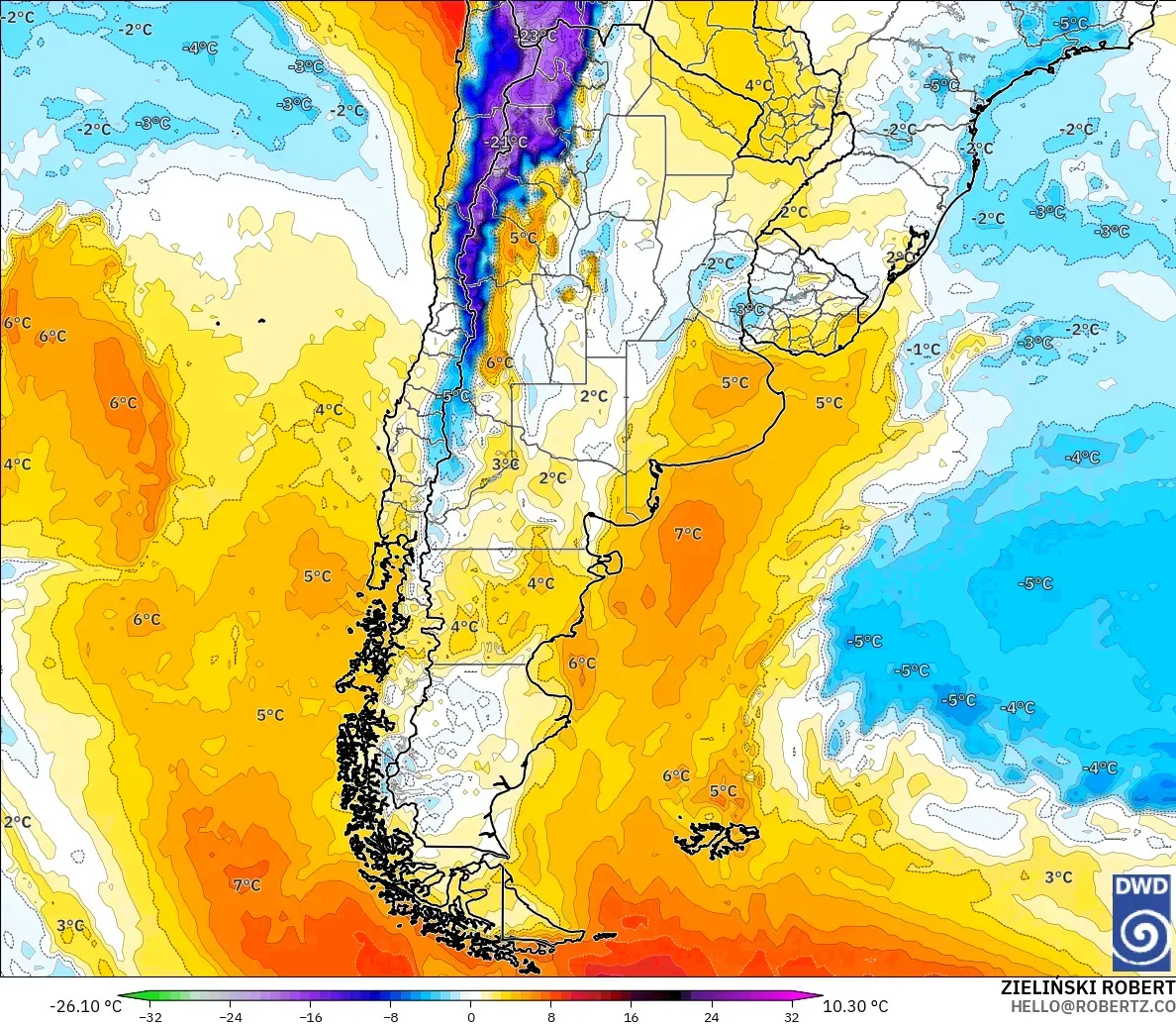 ICON modelo - Argentina, Anomalía de temperatura a 850 hPa