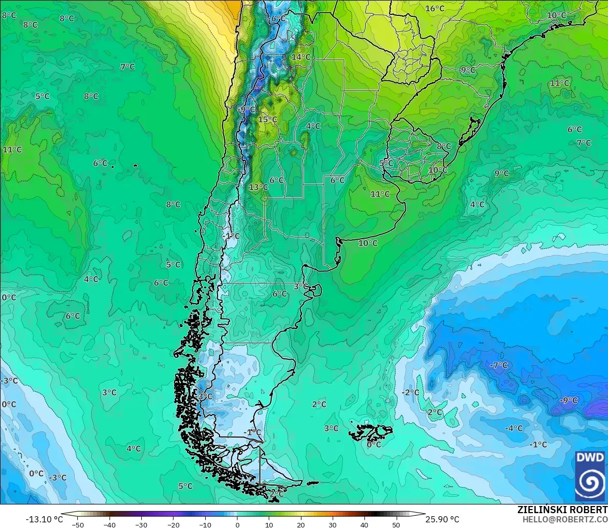 ICON modelo - Argentina, Temperatura a 850 hPa