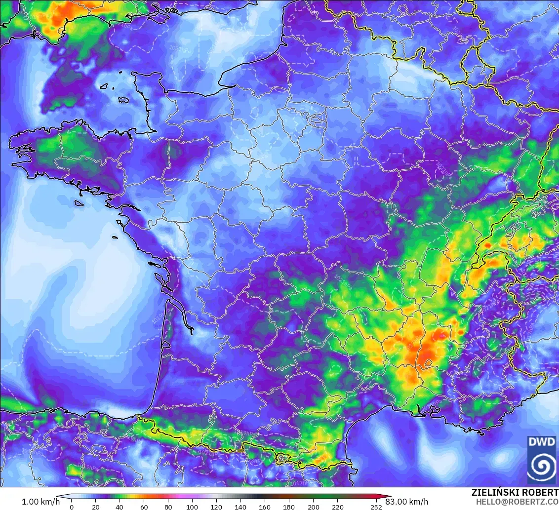 ICON modelo - Francia, Ráfagas de Viento Máximas