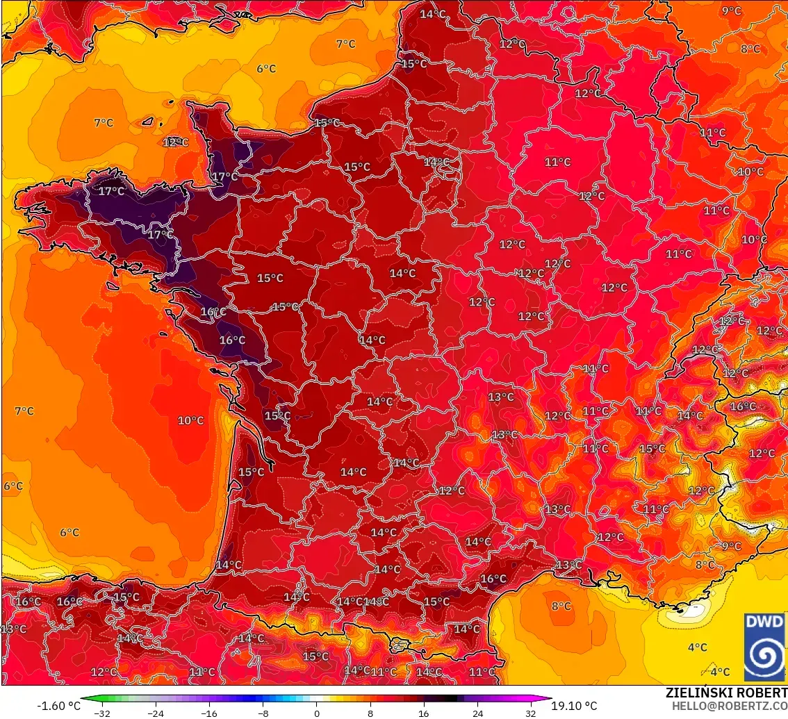 ICON modelo - Francia, Anomalía de temperatura a 2 m