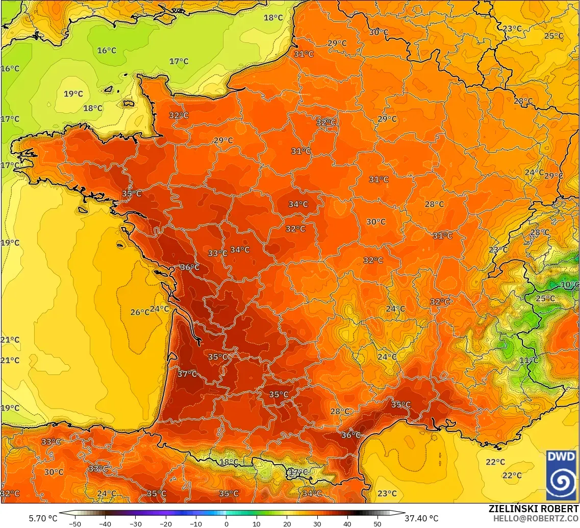 ICON modelo - Francia, Temperatura a 2 m