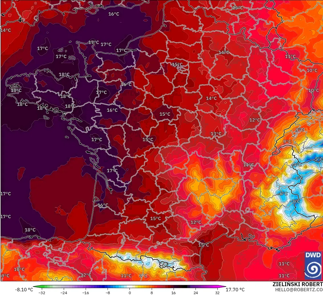 ICON modelo - Francia, Anomalía de temperatura a 850 hPa