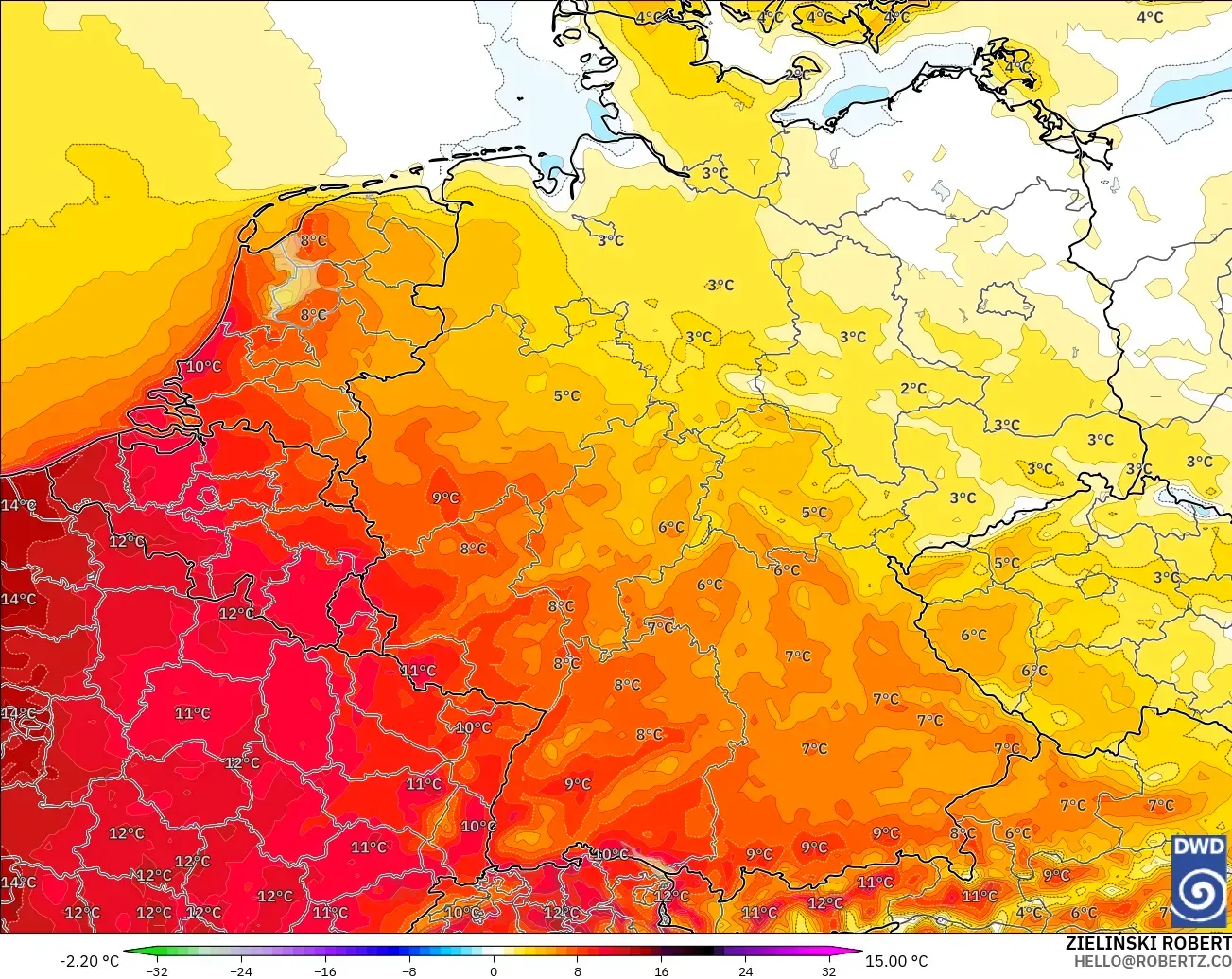 ICON modelo - Alemania, Anomalía de temperatura a 2 m