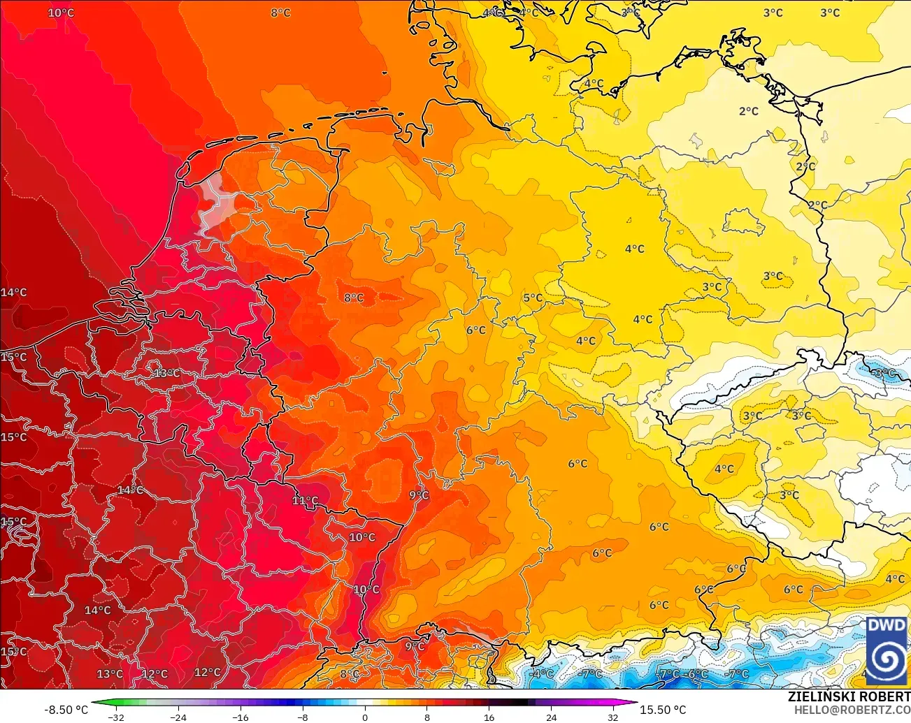 ICON modelo - Alemania, Anomalía de temperatura a 850 hPa