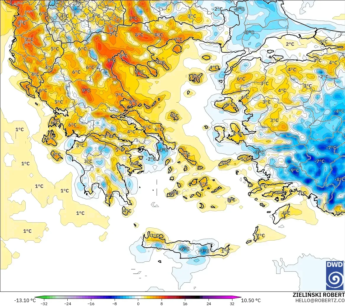ICON modelo - Grecia, Anomalía de temperatura a 2 m