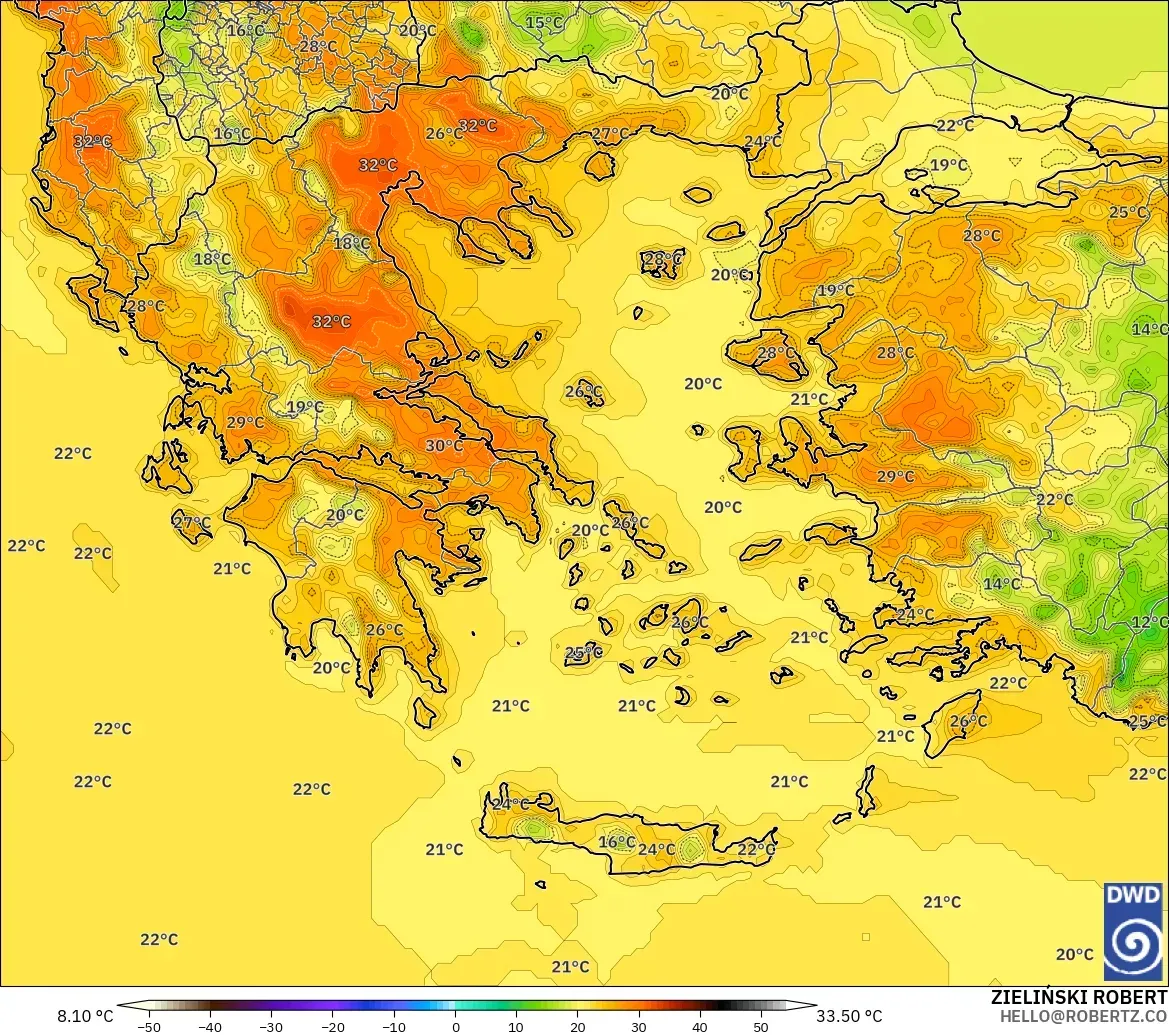 ICON modelo - Grecia, Temperatura a 2 m