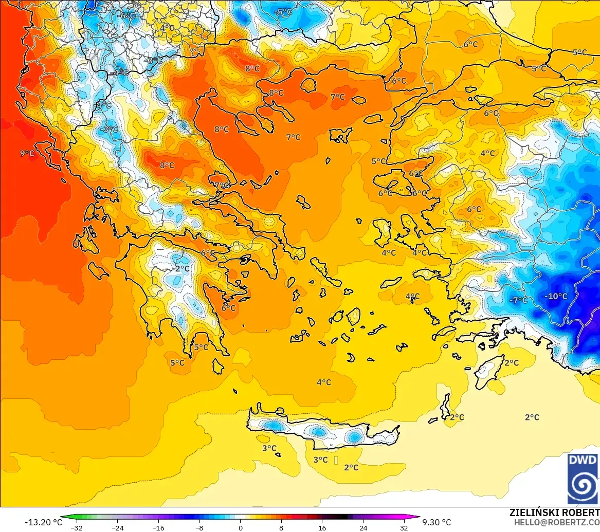 ICON modelo - Grecia, Anomalía de temperatura a 850 hPa