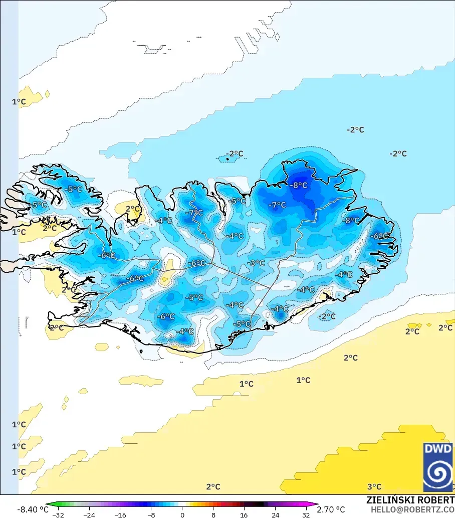 ICON modelo - Islandia, Anomalía de temperatura a 2 m
