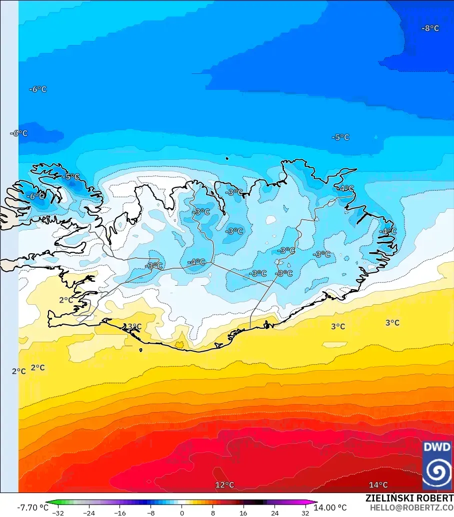ICON modelo - Islandia, Anomalía de temperatura a 850 hPa