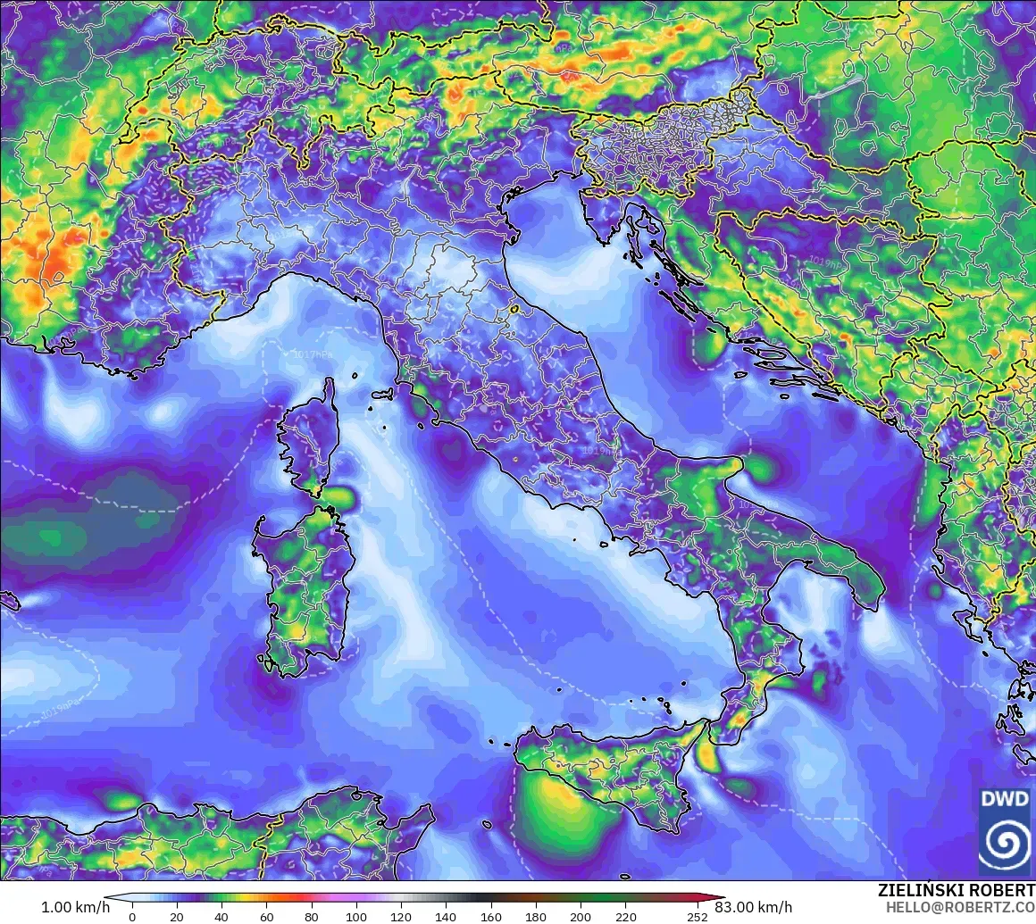 ICON modelo - Italia, Ráfagas de Viento Máximas