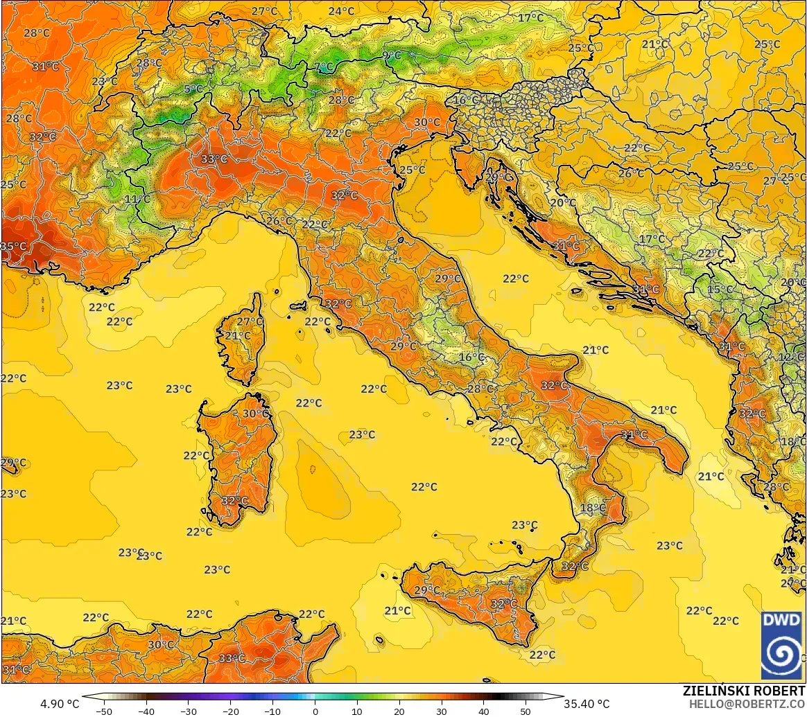 ICON modelo - Italia, Temperatura a 2 m