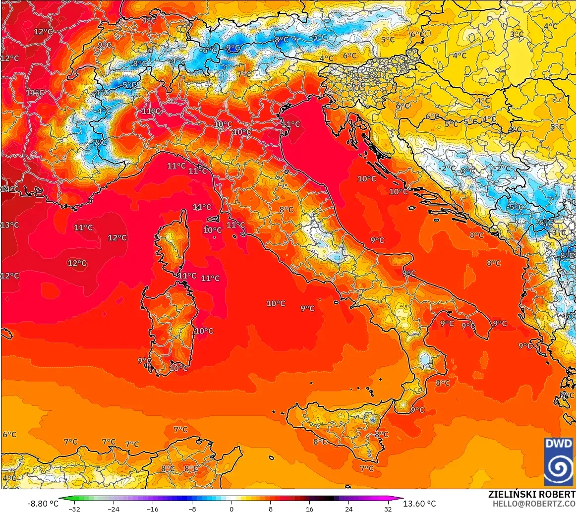 ICON modelo - Italia, Anomalía de temperatura a 850 hPa