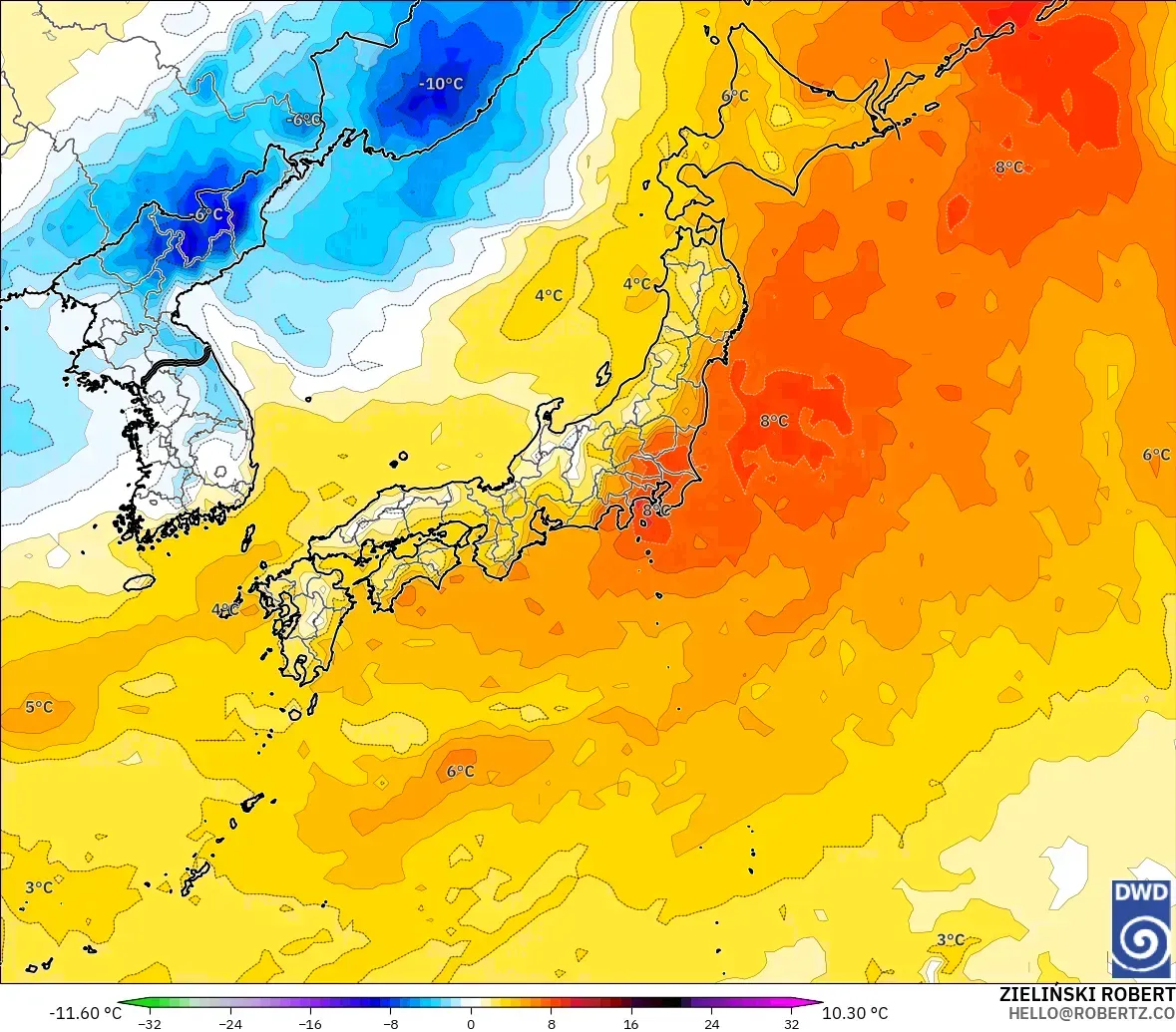 ICON modelo - Japón, Anomalía de temperatura a 850 hPa