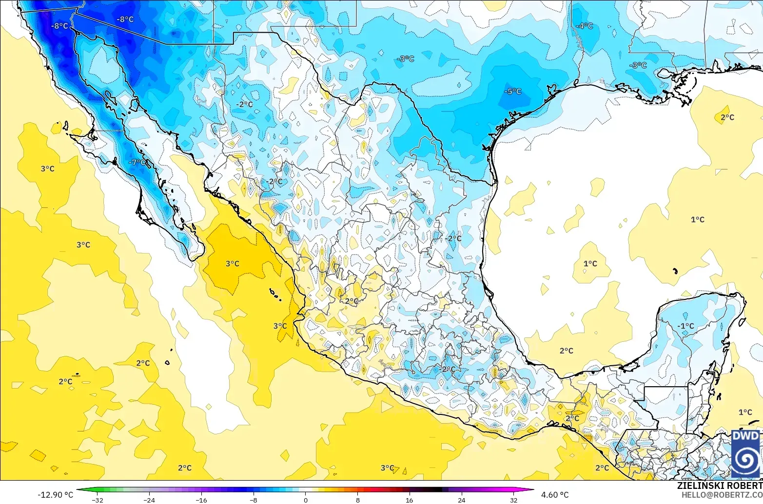 ICON modelo - México, Anomalía de temperatura a 2 m