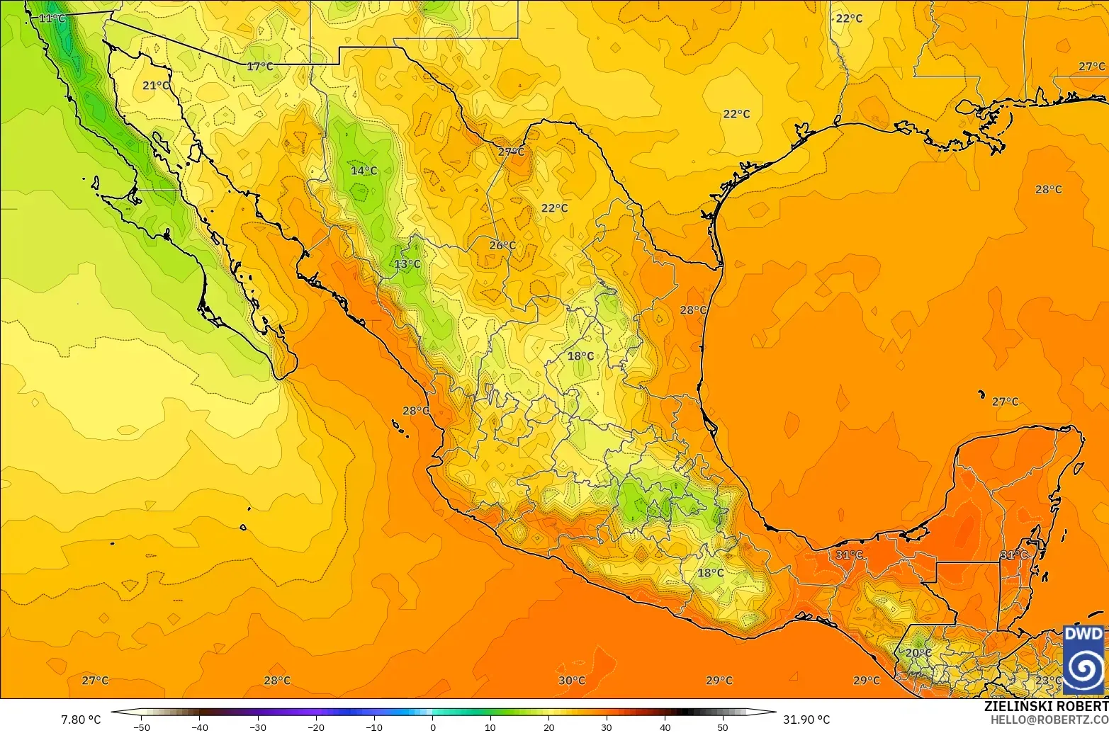 ICON modelo - México, Temperatura a 2 m