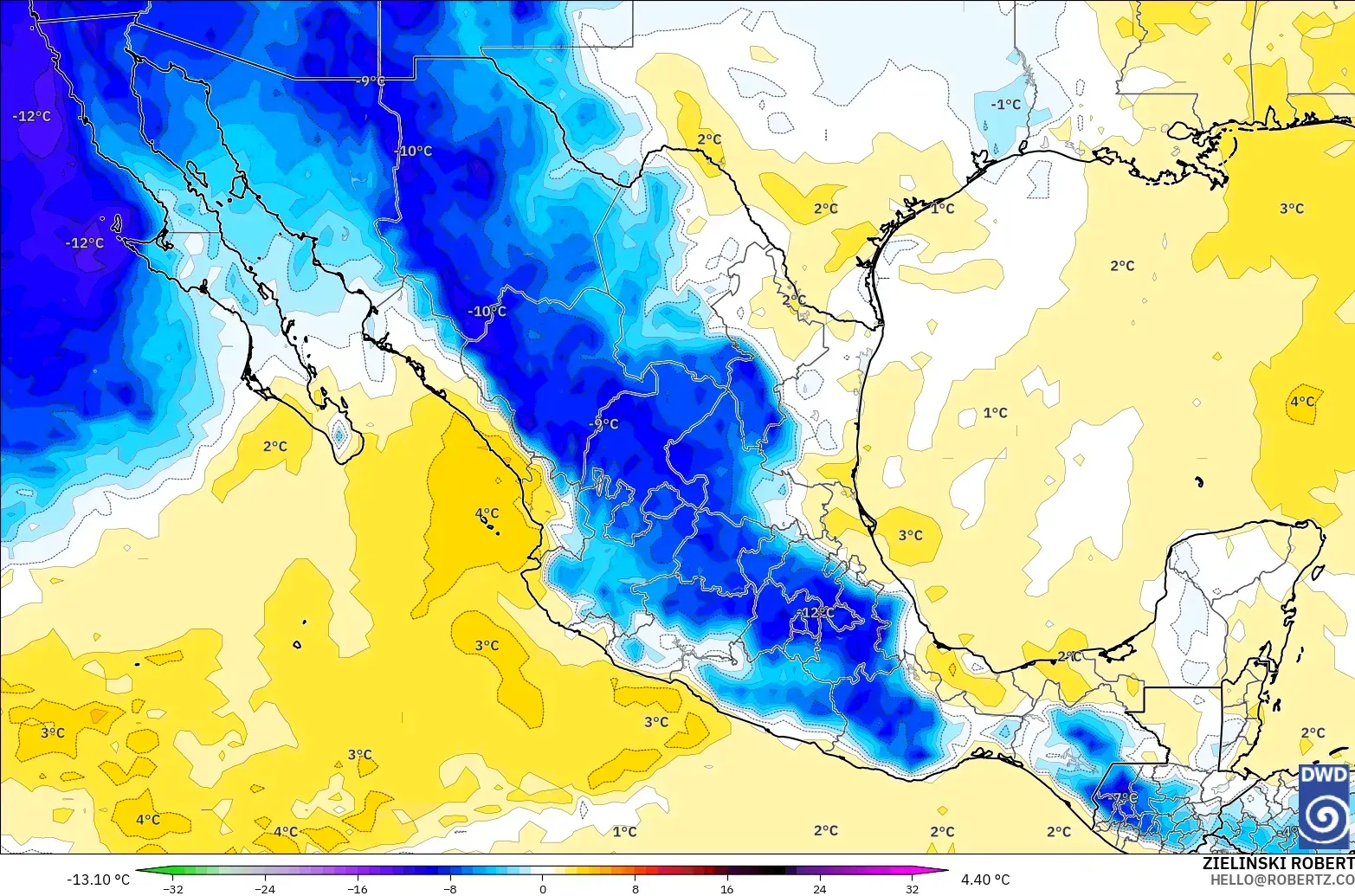 ICON modelo - México, Anomalía de temperatura a 850 hPa