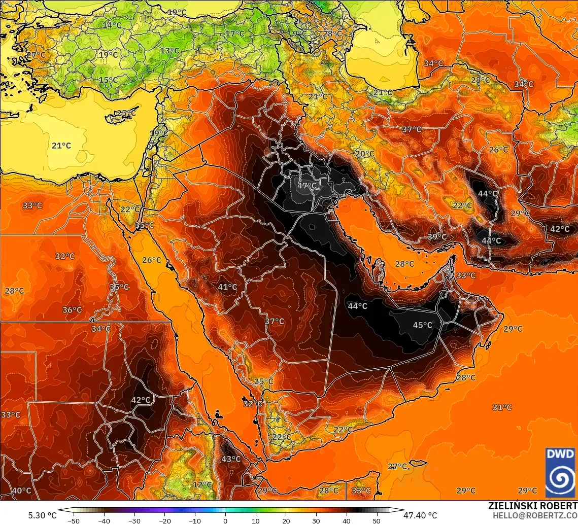 ICON modelo - Oriente Medio, Temperatura a 2 m