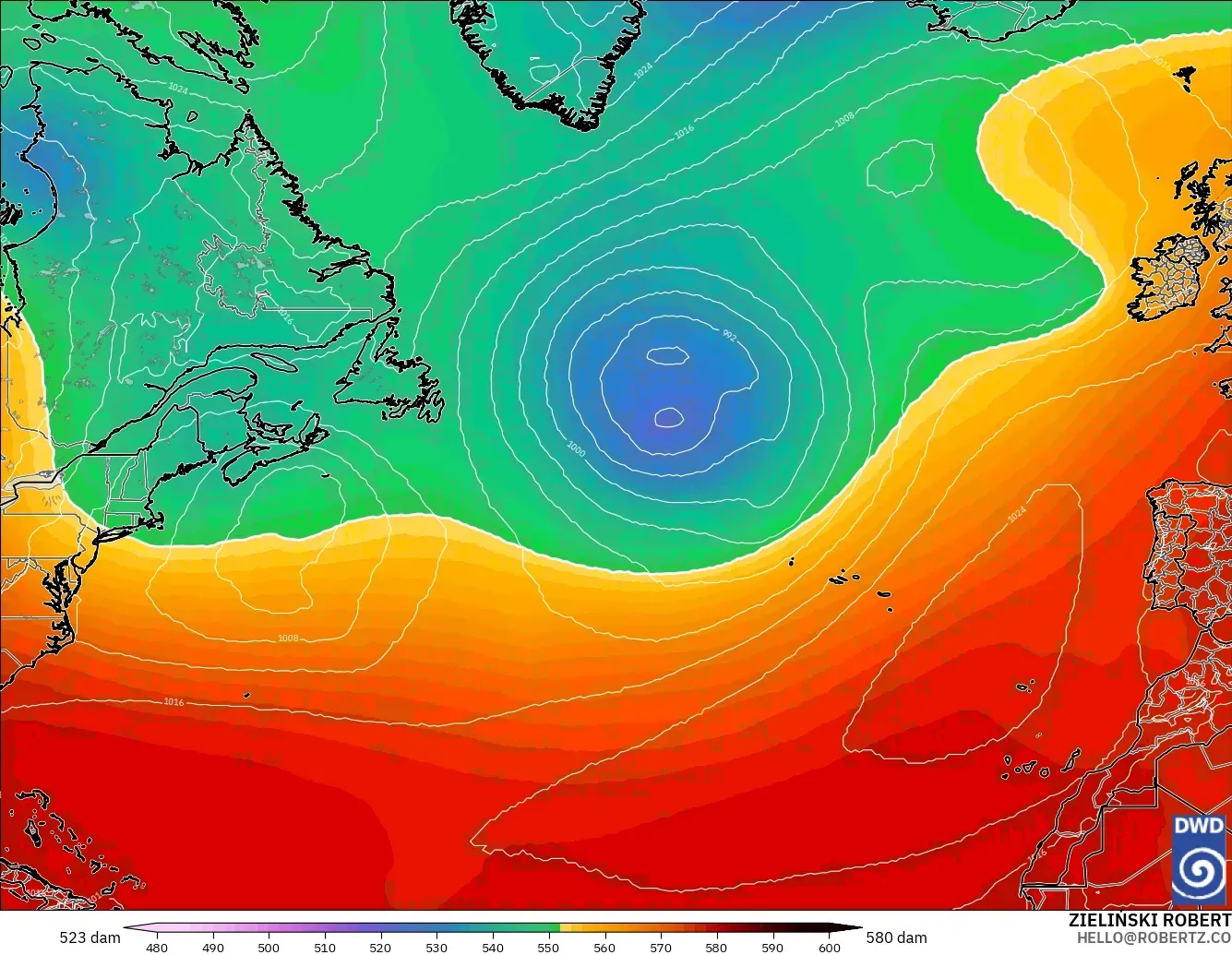 ICON modelo - Norte Atlántico, Altura geopotencial a 500 hPa