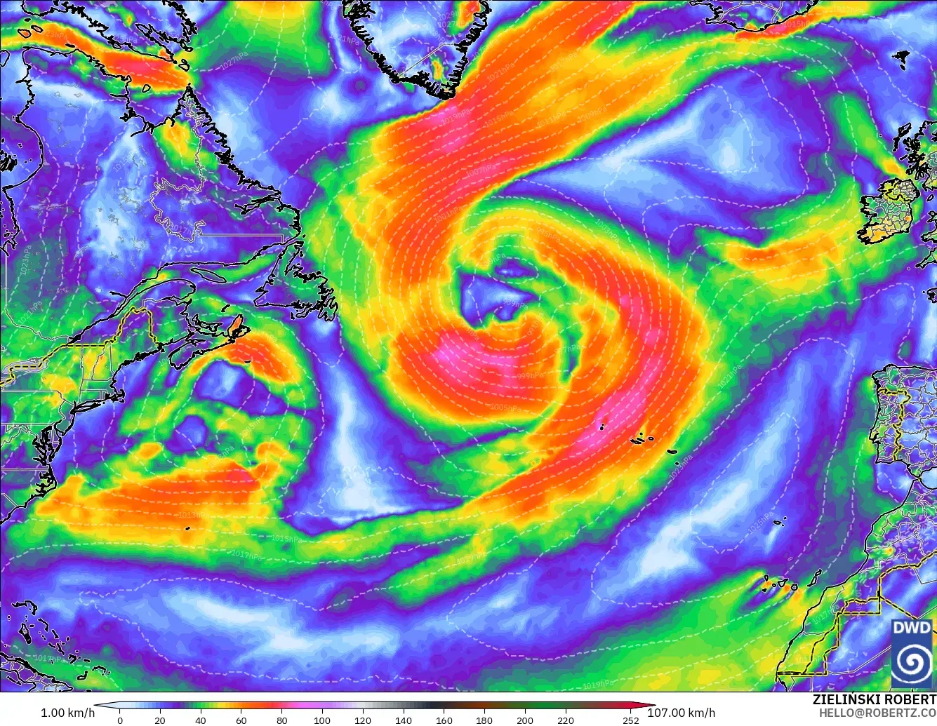 ICON modelo - Norte Atlántico, Ráfagas de Viento Máximas