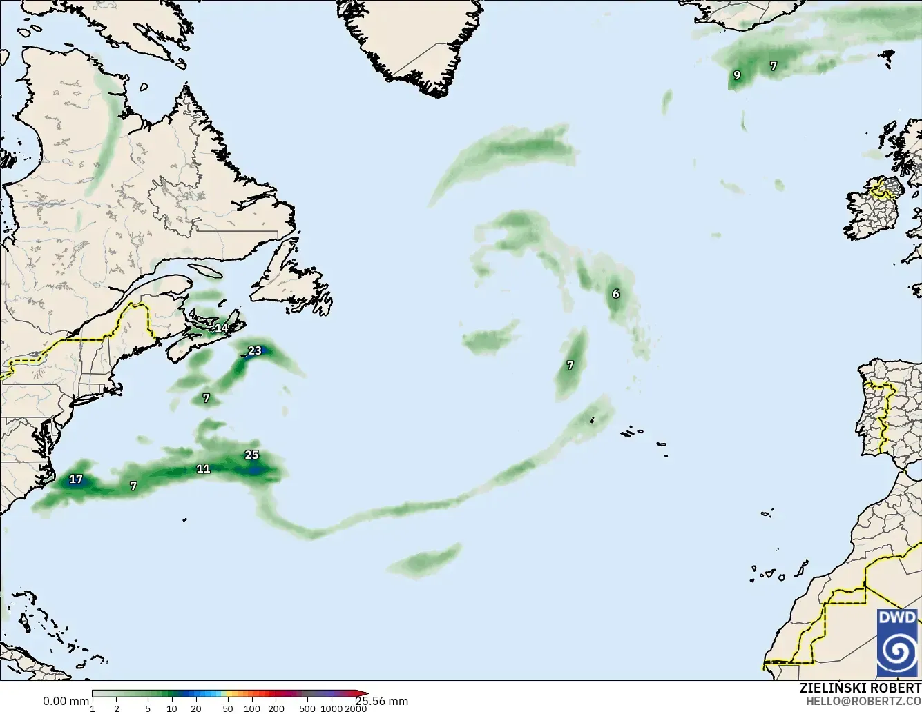 ICON modelo - Norte Atlántico, Acumulación de precipitación