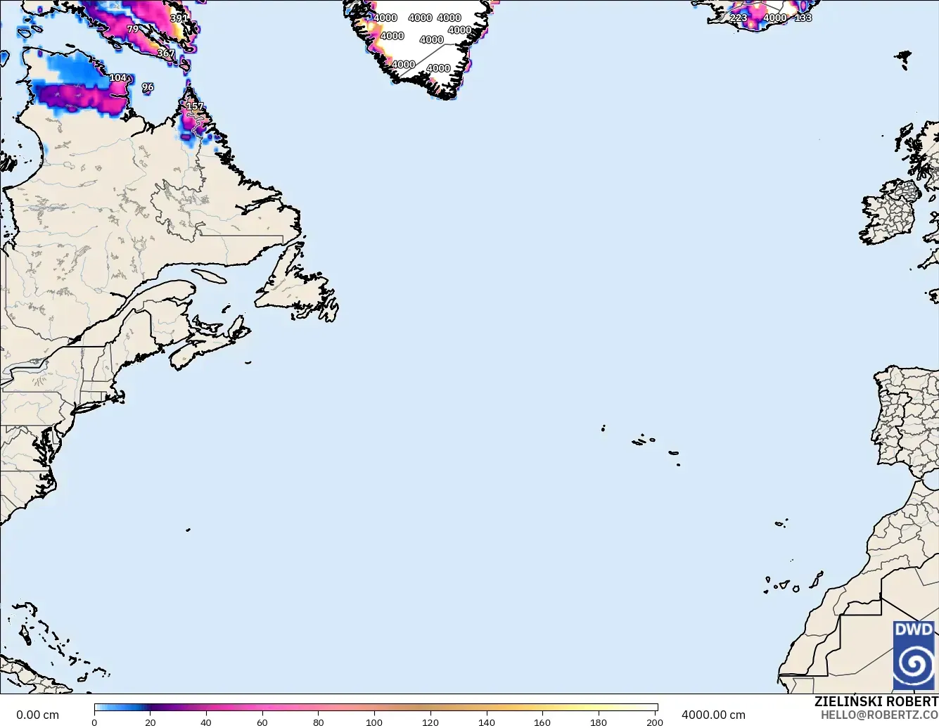 ICON modelo - Norte Atlántico, Profundidad de nieve