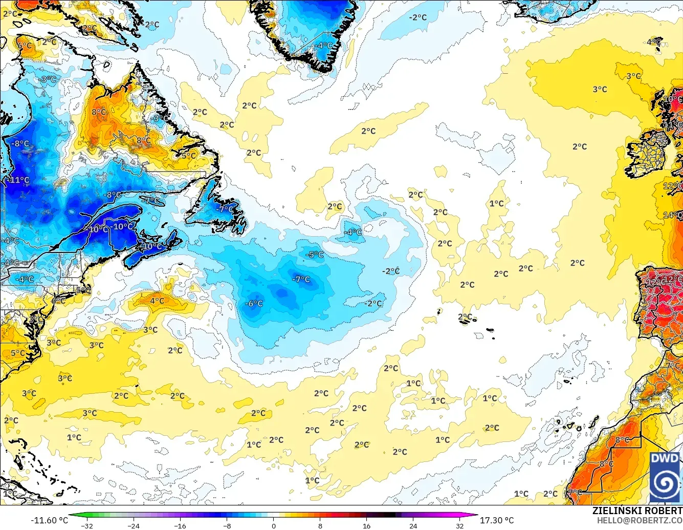 ICON modelo - Norte Atlántico, Anomalía de temperatura a 2 m