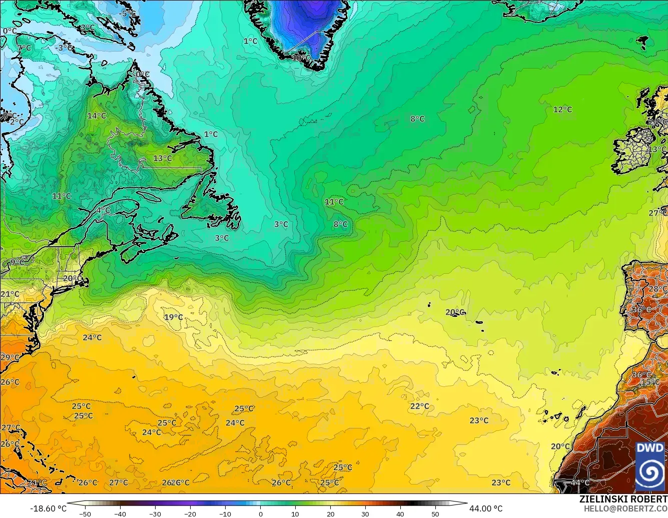 ICON modelo - Norte Atlántico, Temperatura a 2 m