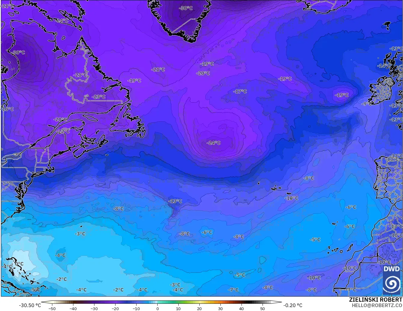 ICON modelo - Norte Atlántico, Temperatura a 500 hPa