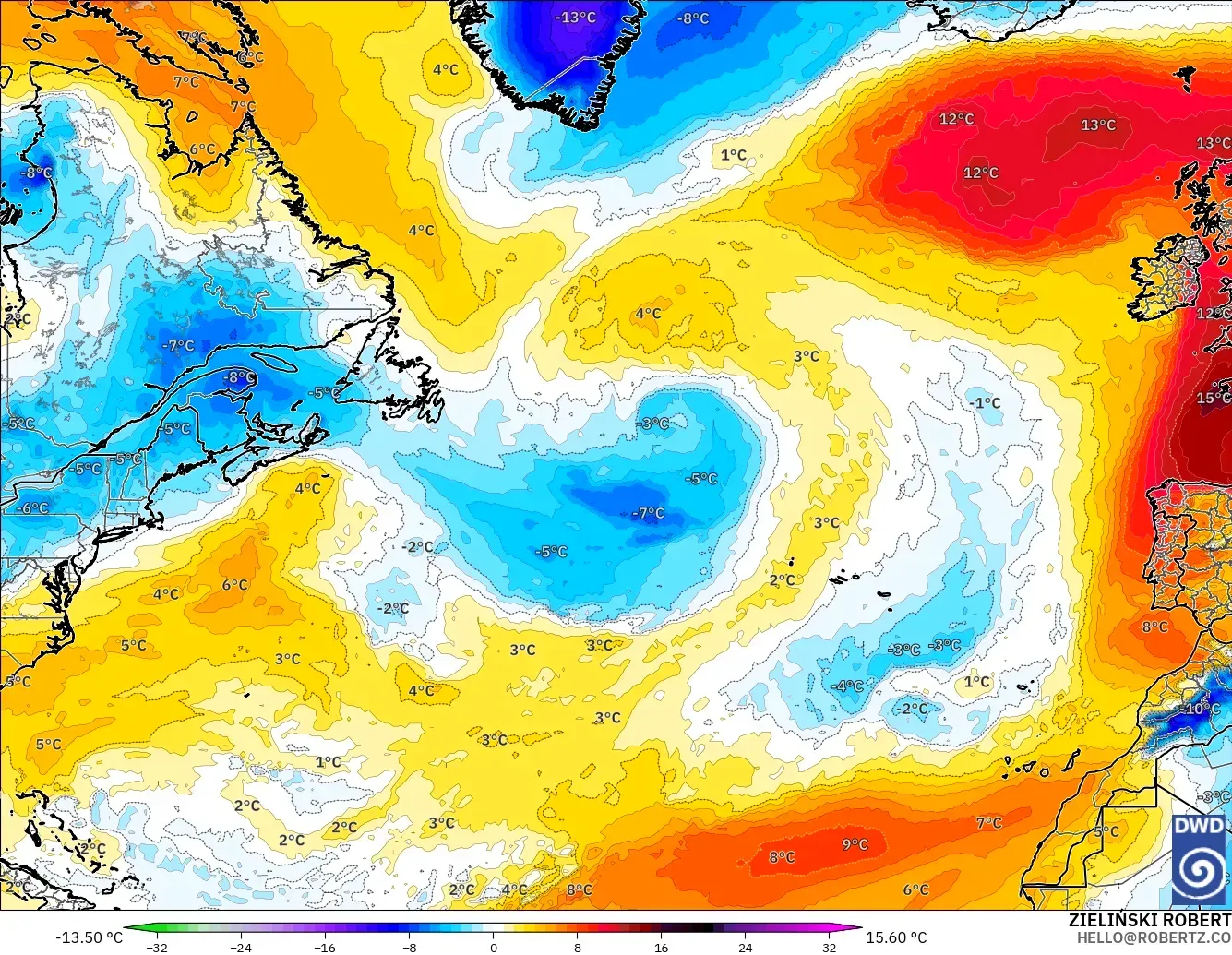 ICON modelo - Norte Atlántico, Anomalía de temperatura a 850 hPa