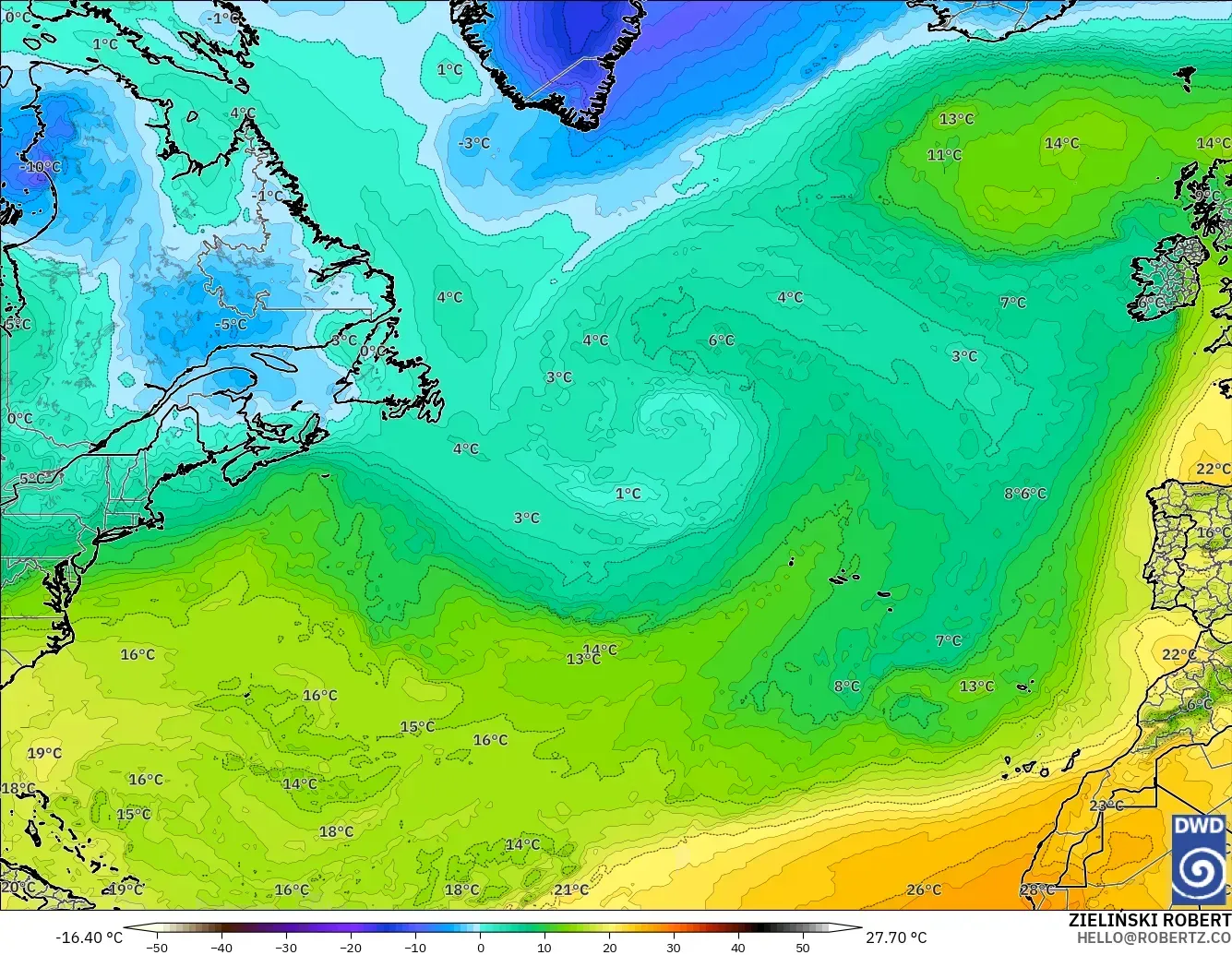 ICON modelo - Norte Atlántico, Temperatura a 850 hPa