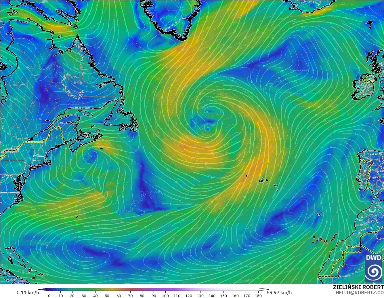 ICON modelo - Norte Atlántico, Viento a 10 m
